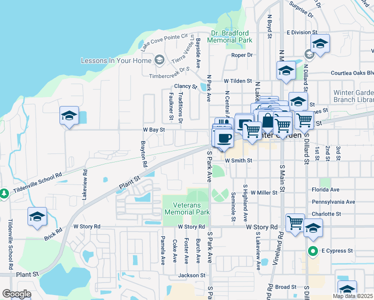 map of restaurants, bars, coffee shops, grocery stores, and more near 546 West Bay Street in Winter Garden