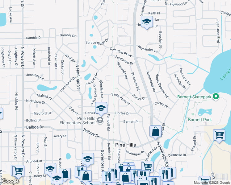 map of restaurants, bars, coffee shops, grocery stores, and more near 1309 Santa Anita Street in Orlando
