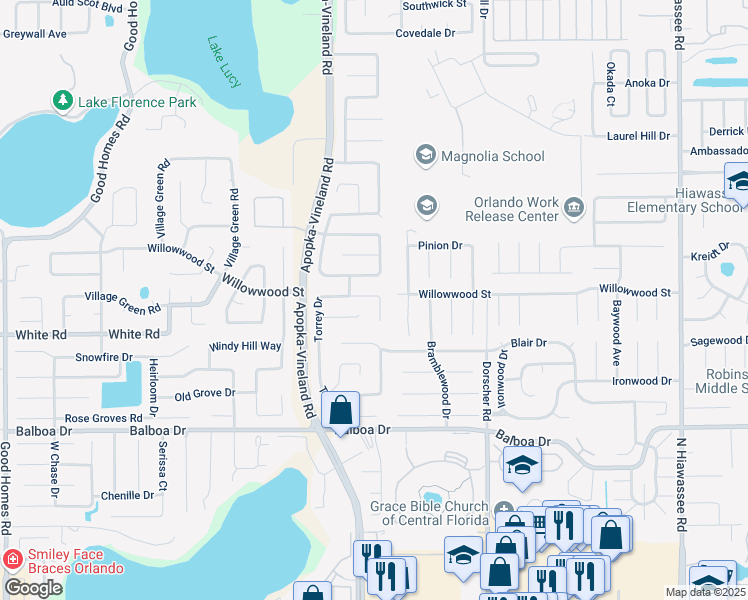 map of restaurants, bars, coffee shops, grocery stores, and more near 2036 Torrey Drive in Orlando