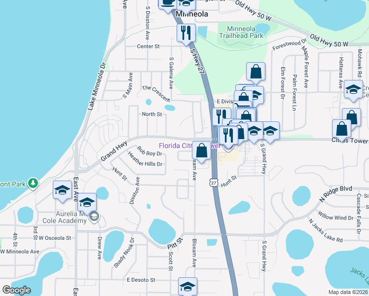 map of restaurants, bars, coffee shops, grocery stores, and more near 651 Grand Highway in Clermont