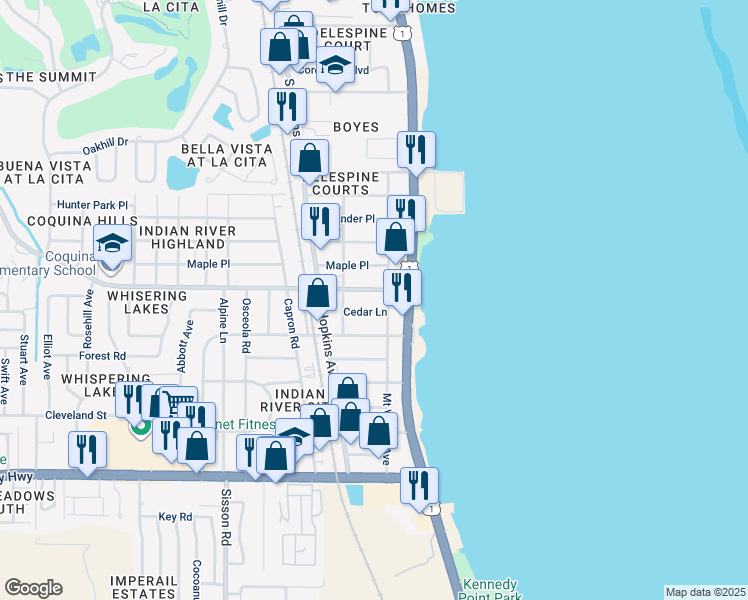 map of restaurants, bars, coffee shops, grocery stores, and more near 225 Knox McRae Drive in Titusville