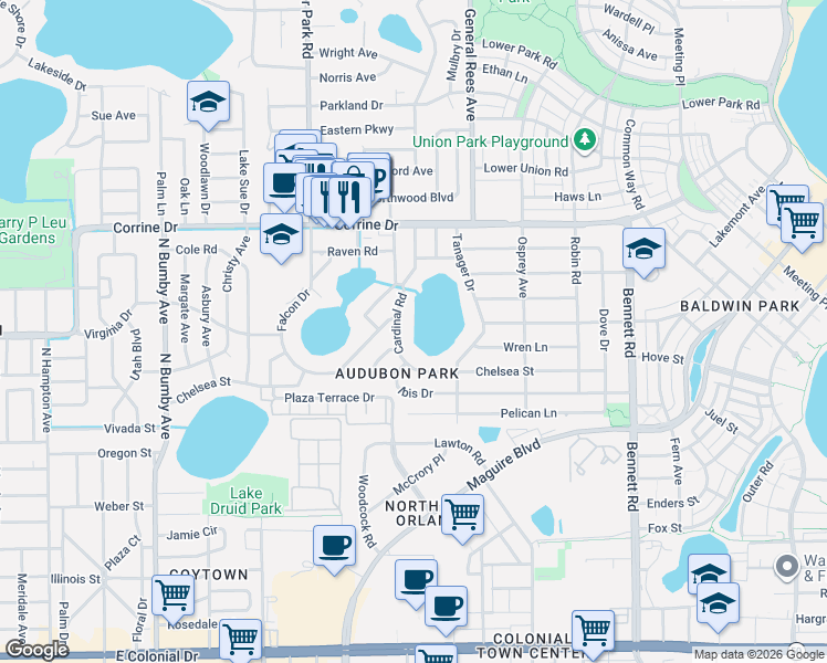 map of restaurants, bars, coffee shops, grocery stores, and more near 1417 Cardinal Road in Orlando