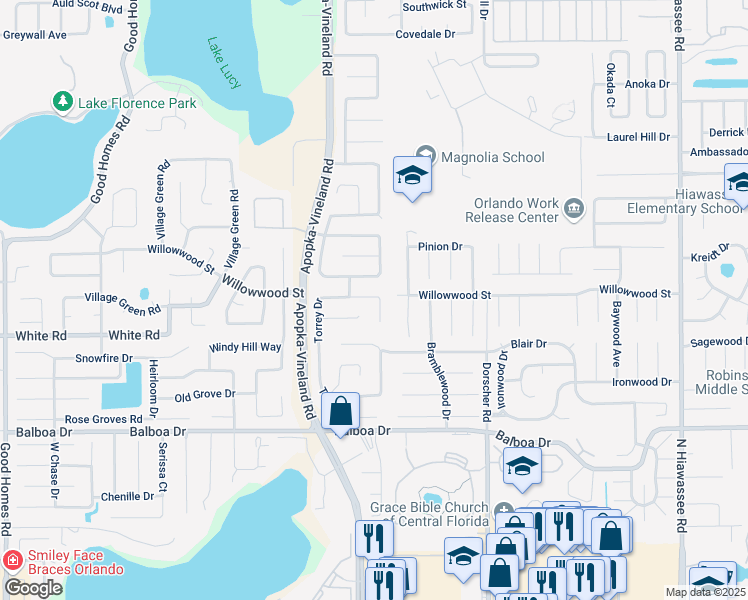 map of restaurants, bars, coffee shops, grocery stores, and more near 2036 Torrey Drive in Orlando