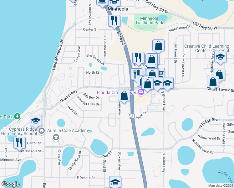 map of restaurants, bars, coffee shops, grocery stores, and more near 604 Villa Court in Clermont