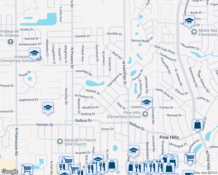 map of restaurants, bars, coffee shops, grocery stores, and more near 5846 Harrington Drive in Orlando
