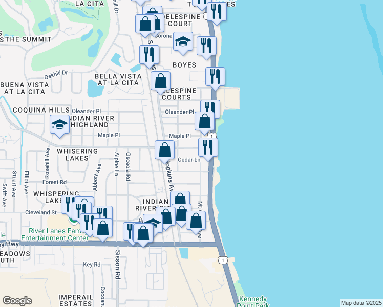 map of restaurants, bars, coffee shops, grocery stores, and more near 257 Knox McRae Drive in Titusville