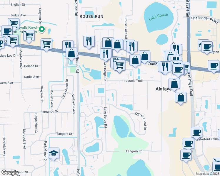 map of restaurants, bars, coffee shops, grocery stores, and more near 1429 Pon Pon Court in Orlando