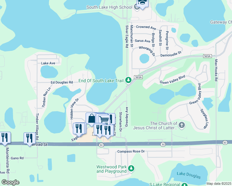 map of restaurants, bars, coffee shops, grocery stores, and more near 14827 County Road 565A in Groveland