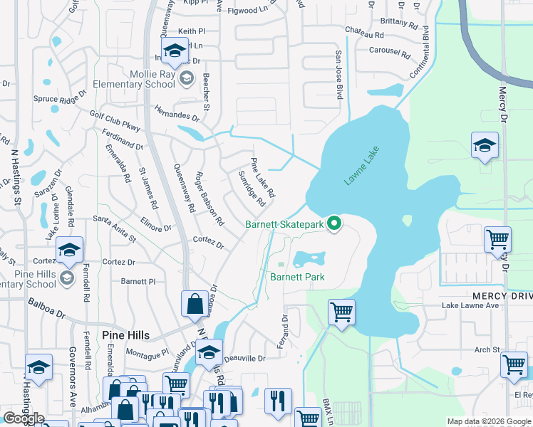 map of restaurants, bars, coffee shops, grocery stores, and more near 4531 Balboa Drive in Orlando