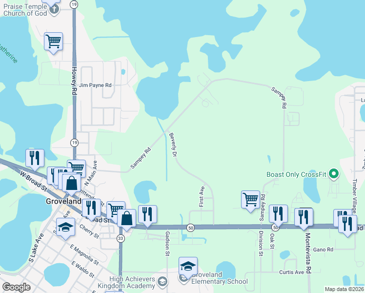 map of restaurants, bars, coffee shops, grocery stores, and more near 731 Beverly Drive in Groveland