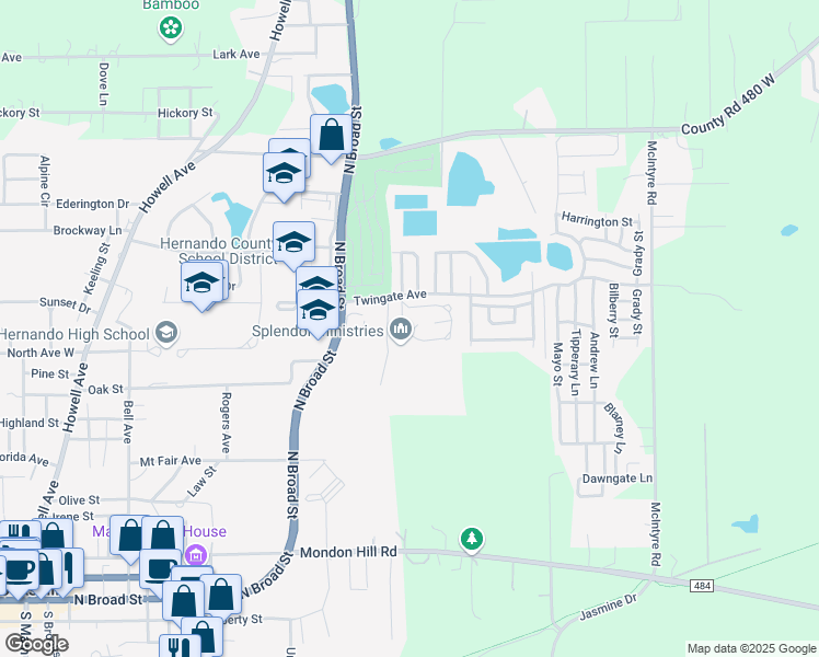 map of restaurants, bars, coffee shops, grocery stores, and more near 1100 Tory Court in Brooksville