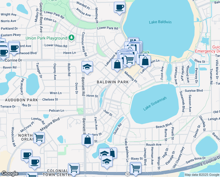 map of restaurants, bars, coffee shops, grocery stores, and more near in Orlando