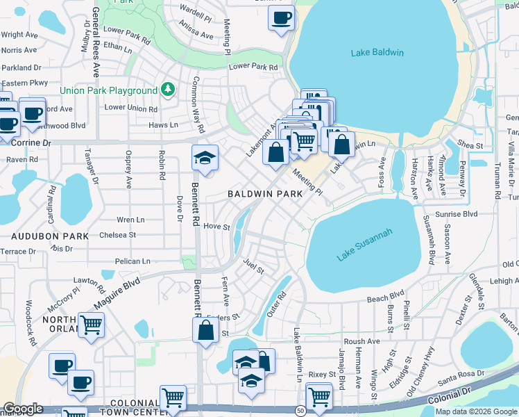 map of restaurants, bars, coffee shops, grocery stores, and more near 4628 New Broad Street in Orlando