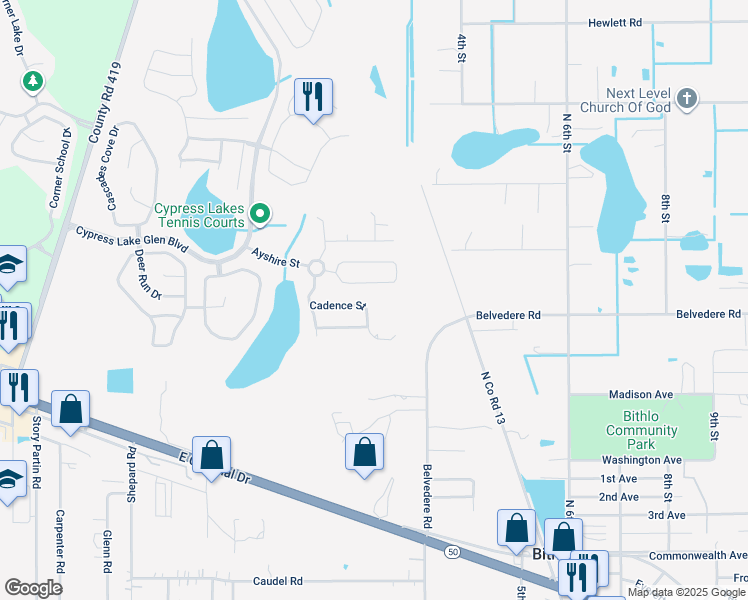 map of restaurants, bars, coffee shops, grocery stores, and more near 18035 Cadence Street in Orlando