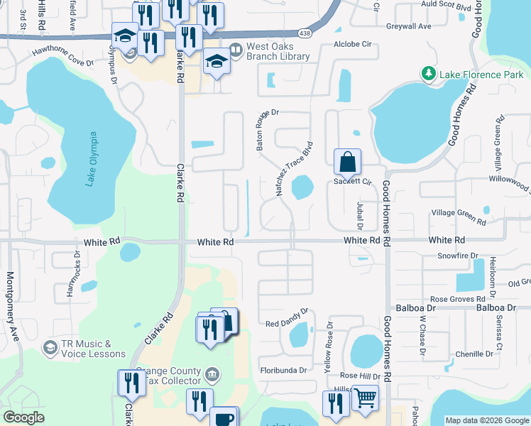 map of restaurants, bars, coffee shops, grocery stores, and more near 9180 Montevello Drive in Orlando