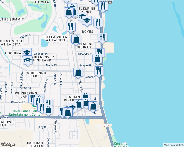 map of restaurants, bars, coffee shops, grocery stores, and more near 237 Knox McRae Drive in Titusville