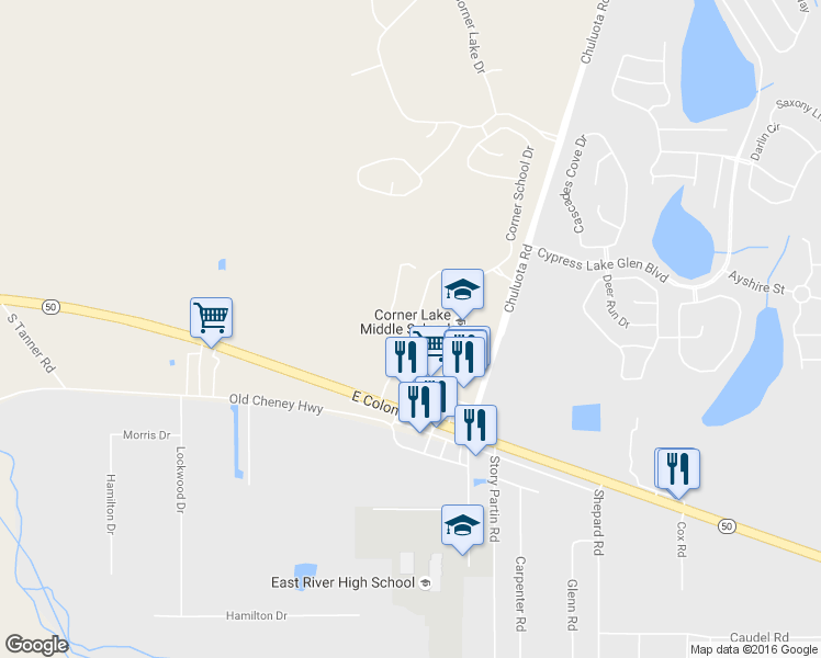 map of restaurants, bars, coffee shops, grocery stores, and more near 16680 Corner Cove Way in Orlando