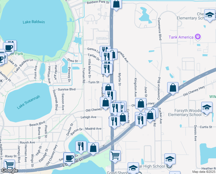 map of restaurants, bars, coffee shops, grocery stores, and more near 5600 Turin Street in Orlando