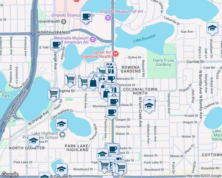 map of restaurants, bars, coffee shops, grocery stores, and more near 1410 North Mills Avenue in Orlando
