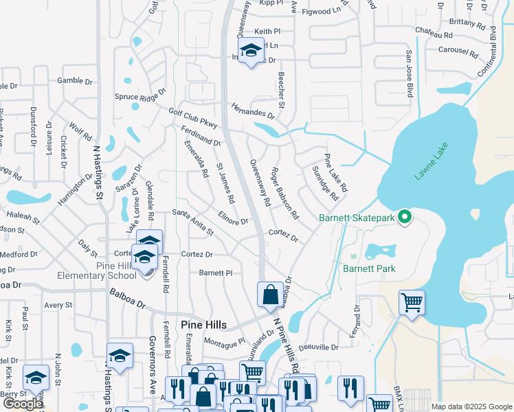 map of restaurants, bars, coffee shops, grocery stores, and more near 1219 North Pine Hills Road in Orlando