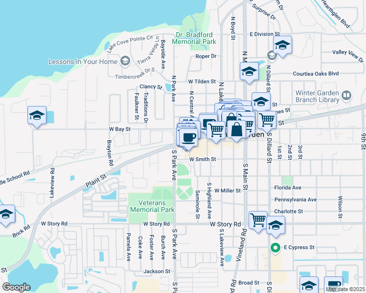 map of restaurants, bars, coffee shops, grocery stores, and more near 446 West Plant Street in Winter Garden