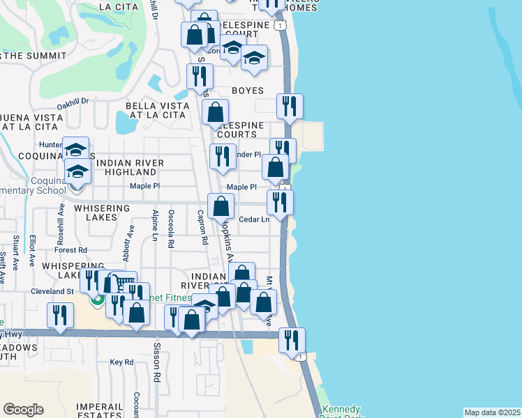 map of restaurants, bars, coffee shops, grocery stores, and more near 215 Knox McRae Drive in Titusville