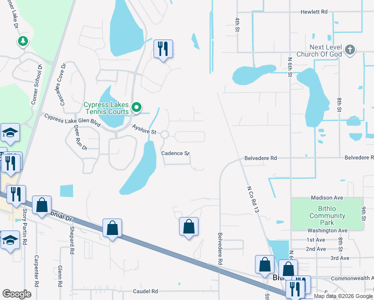 map of restaurants, bars, coffee shops, grocery stores, and more near 18023 Cadence Street in Orlando