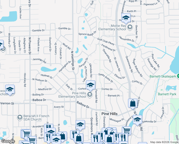 map of restaurants, bars, coffee shops, grocery stores, and more near 1801 Lake Lorine Drive in Orlando