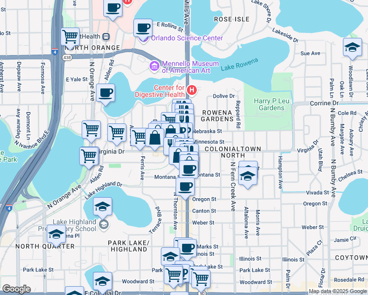 map of restaurants, bars, coffee shops, grocery stores, and more near 1414 North Mills Avenue in Orlando