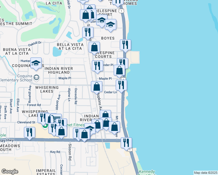 map of restaurants, bars, coffee shops, grocery stores, and more near 227 Knox McRae Drive in Titusville