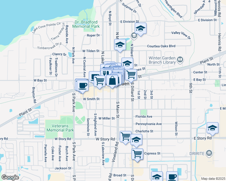 map of restaurants, bars, coffee shops, grocery stores, and more near 109 South Boyd Street in Winter Garden