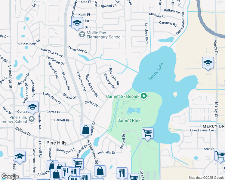 map of restaurants, bars, coffee shops, grocery stores, and more near 4531 Balboa Drive in Orlando