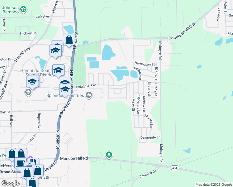 map of restaurants, bars, coffee shops, grocery stores, and more near 2120 Fosters Place in Brooksville