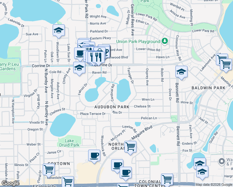 map of restaurants, bars, coffee shops, grocery stores, and more near 1417 Cardinal Road in Orlando