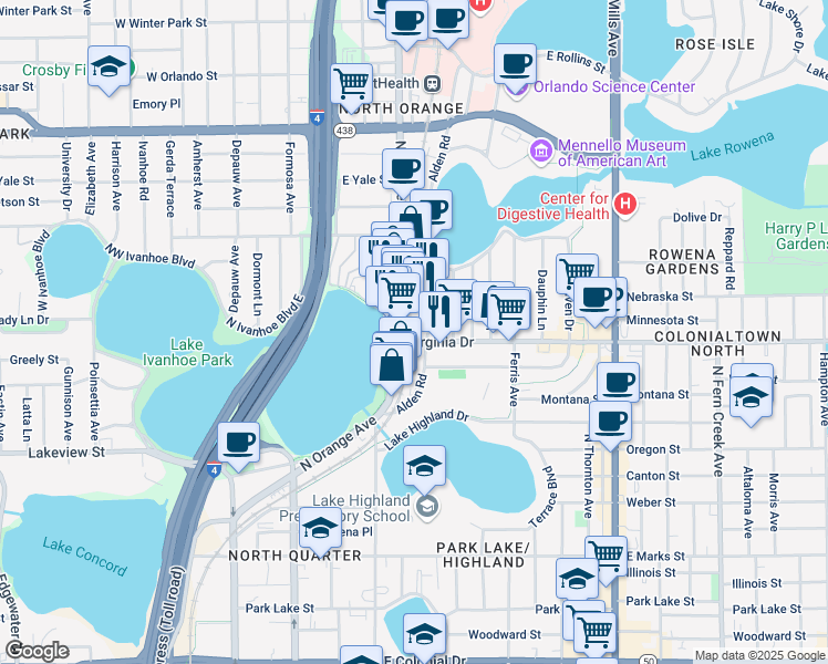 map of restaurants, bars, coffee shops, grocery stores, and more near 1407 Alden Road in Orlando