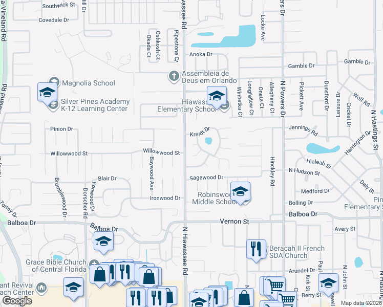 map of restaurants, bars, coffee shops, grocery stores, and more near 6623 Swyear Court in Orlando