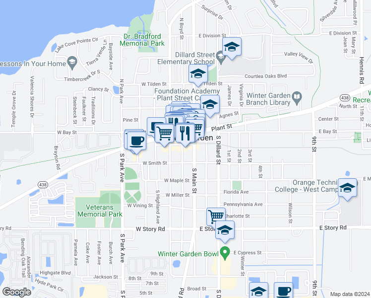 map of restaurants, bars, coffee shops, grocery stores, and more near 117 South Boyd Street in Winter Garden
