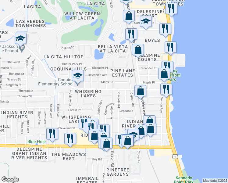 map of restaurants, bars, coffee shops, grocery stores, and more near 459 Knox McRae Drive in Titusville