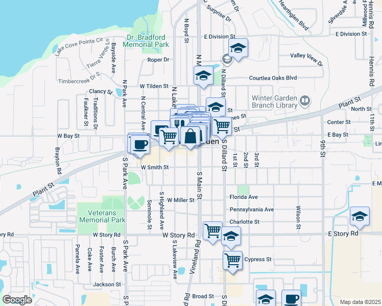 map of restaurants, bars, coffee shops, grocery stores, and more near 117 South Boyd Street in Winter Garden