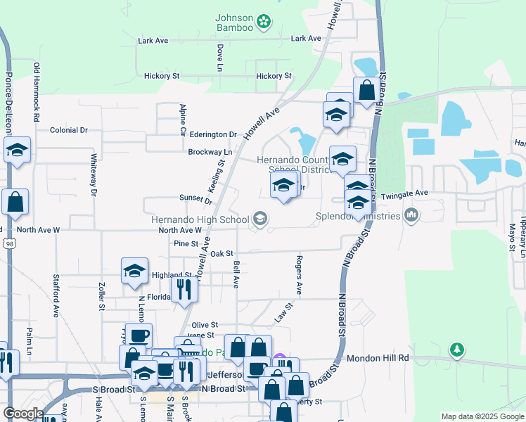 map of restaurants, bars, coffee shops, grocery stores, and more near 700 Bell Avenue in Brooksville