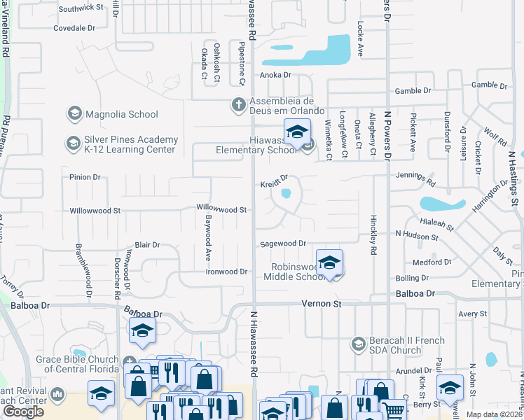 map of restaurants, bars, coffee shops, grocery stores, and more near 6623 Swyear Court in Orlando