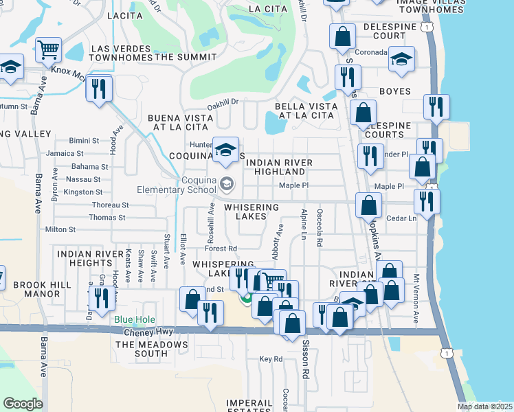 map of restaurants, bars, coffee shops, grocery stores, and more near 725 Knox McRae Drive in Titusville