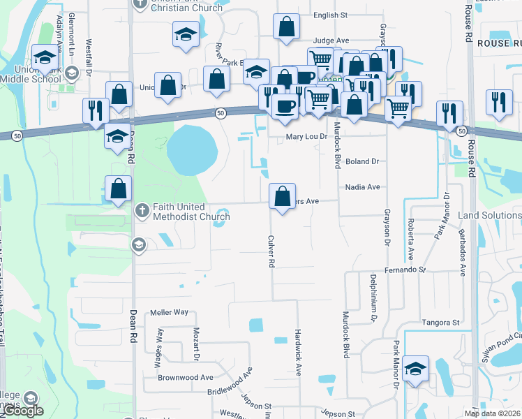 map of restaurants, bars, coffee shops, grocery stores, and more near 1346 Culver Road in Orlando