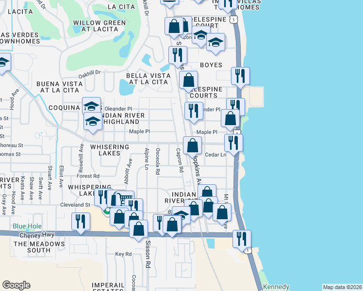 map of restaurants, bars, coffee shops, grocery stores, and more near 4205 Capron Road in Titusville