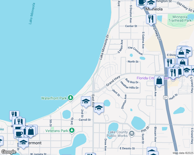 map of restaurants, bars, coffee shops, grocery stores, and more near 164 Nautica Mile Drive in Clermont
