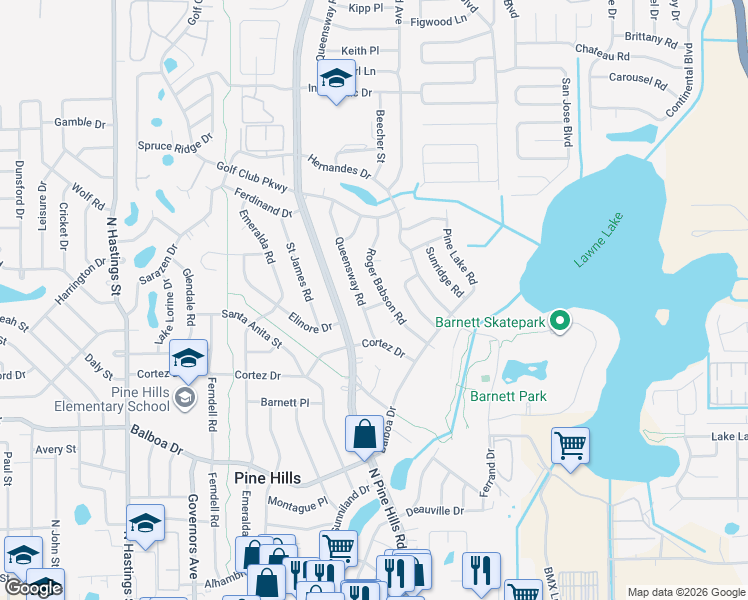 map of restaurants, bars, coffee shops, grocery stores, and more near 1326 Roger Babson Road in Orlando