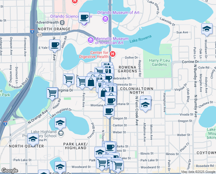 map of restaurants, bars, coffee shops, grocery stores, and more near 1410 North Mills Avenue in Orlando