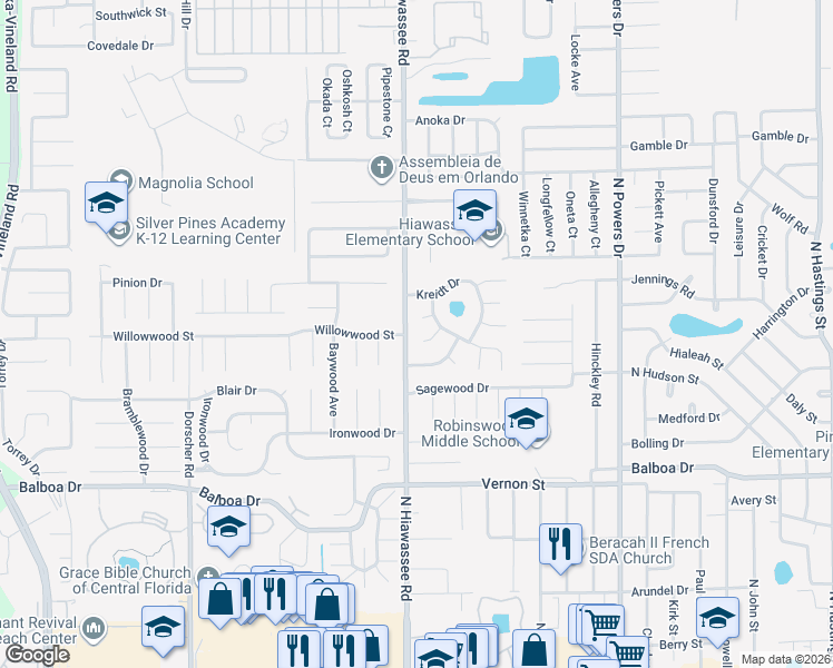map of restaurants, bars, coffee shops, grocery stores, and more near 6623 Swyear Court in Orlando
