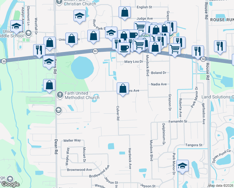 map of restaurants, bars, coffee shops, grocery stores, and more near 1346 Culver Road in Orlando