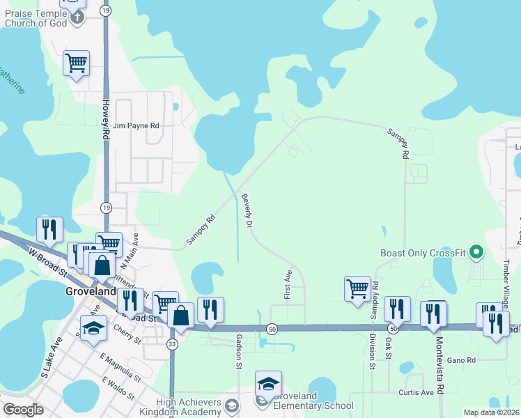 map of restaurants, bars, coffee shops, grocery stores, and more near 731 Beverly Drive in Groveland